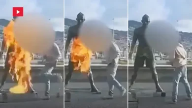 Bizarre moment vandal sets Ronaldo statue on FIRE