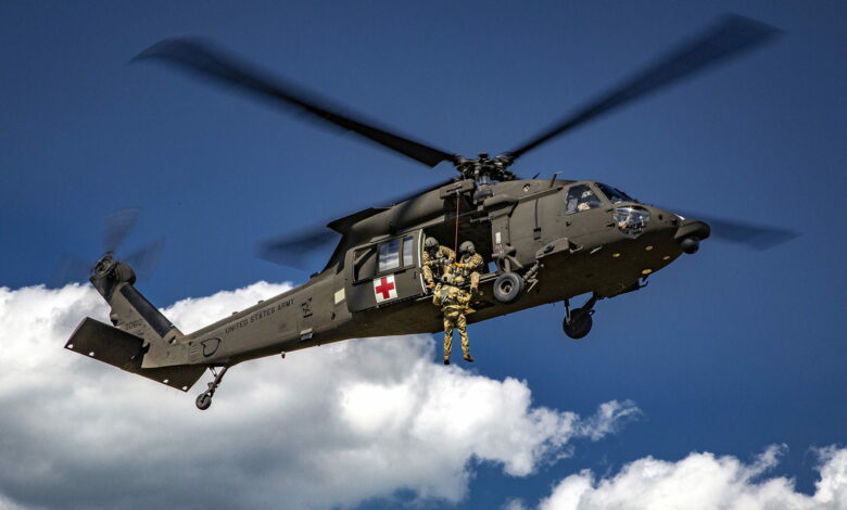 USAARL's UH-60M Black Hawk helicopter performing dynamic hoist operations
